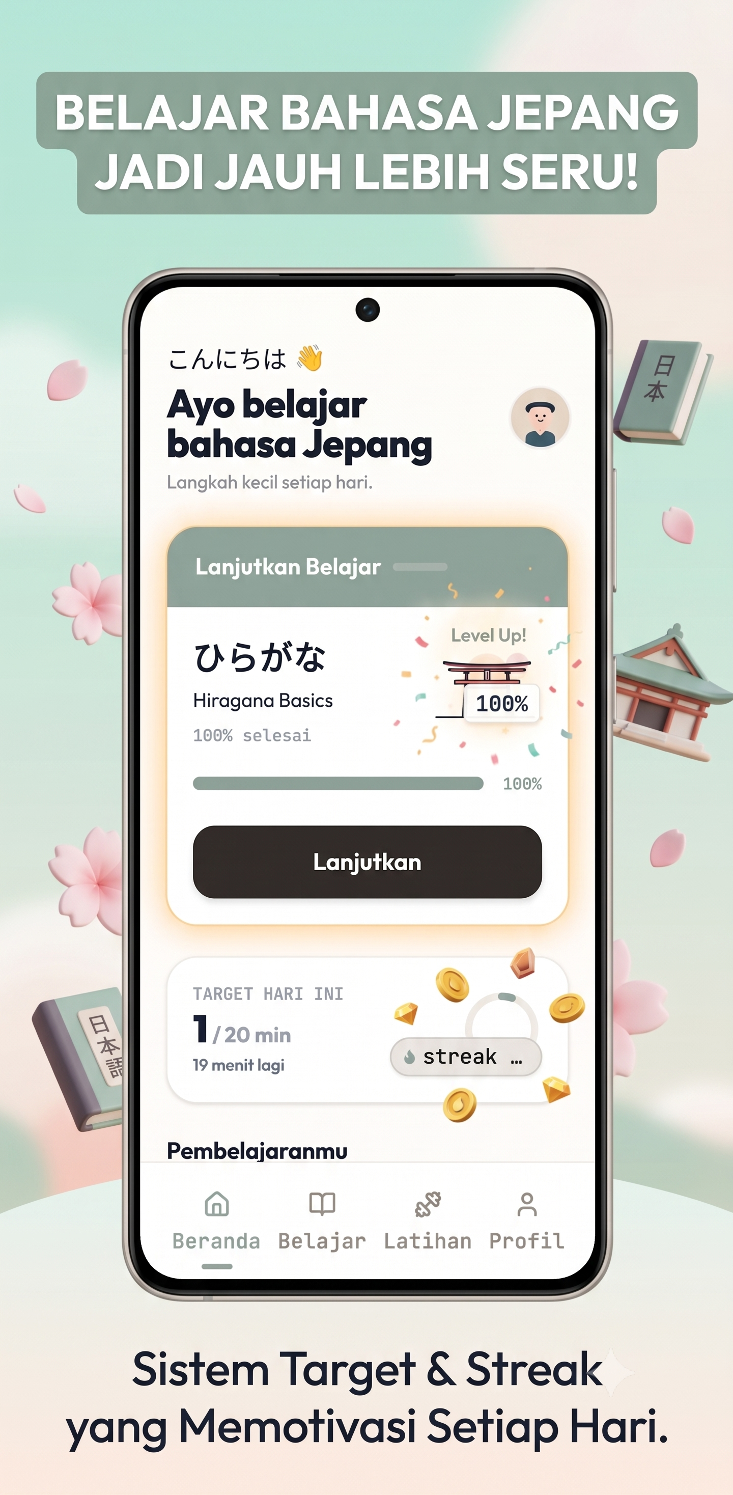 Tampilan aplikasi EdoGo untuk belajar bahasa Jepang